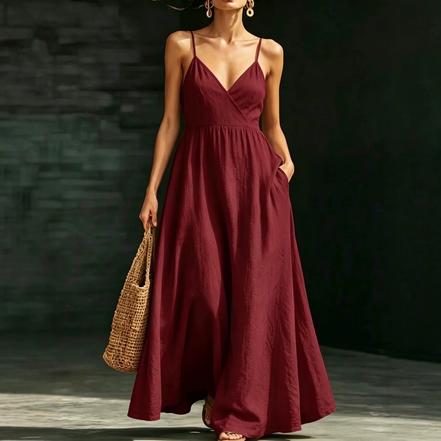 V-neck Pocketed Strap Backless Dress