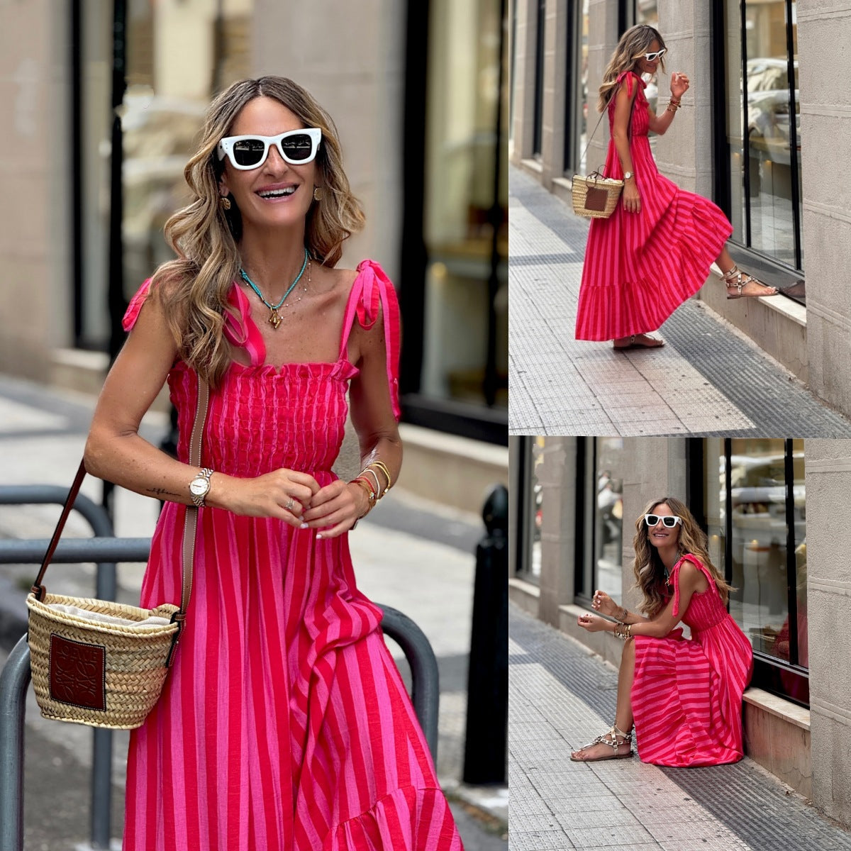 Striped Printed Lace-Up Waist-Cinching Dress