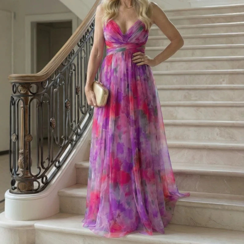 Digital-Print Chiffon Long Dress