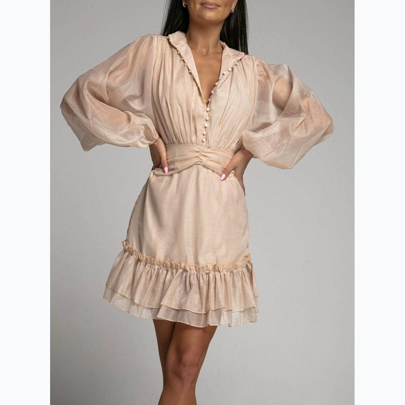 Button-front Waist-cinching Lace Dress With Ruffled Hem