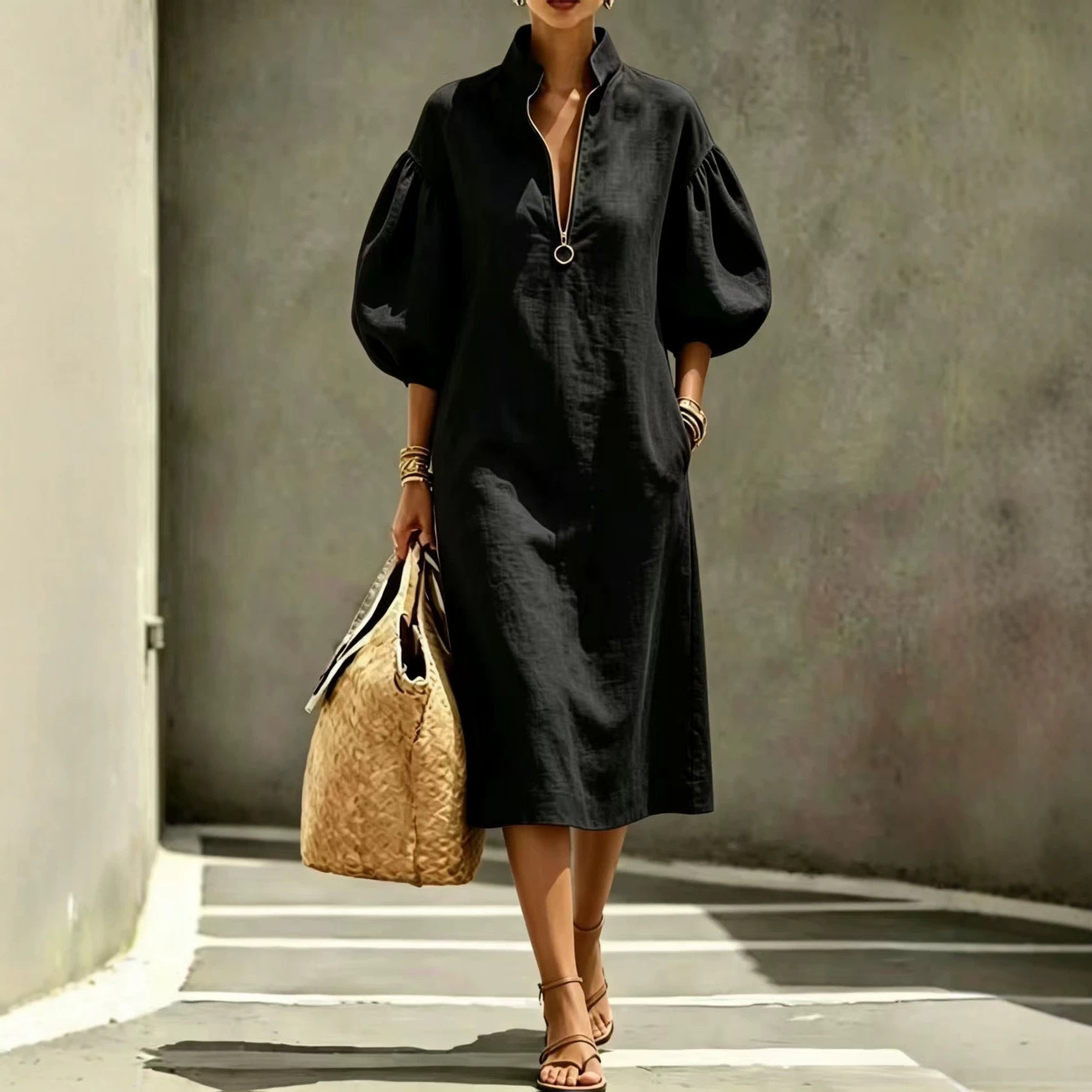 Summer Casual Loose-fit Stand-collar Puff-sleeve Dress