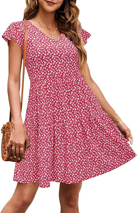 Casual V-Neck Pleated Dress