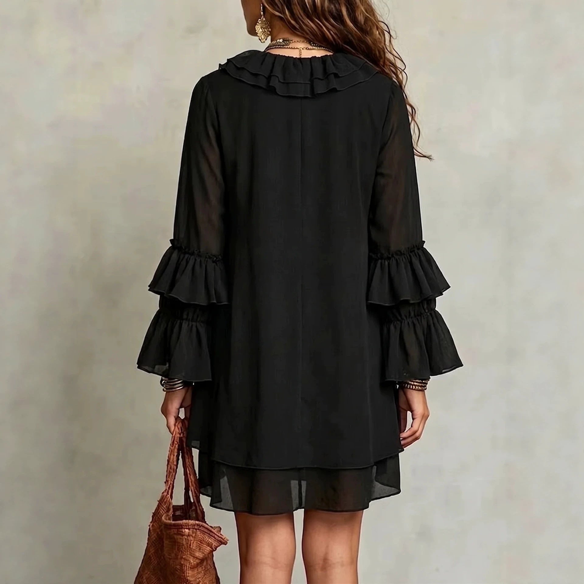 V-neck Ruffled Flared-sleeve Chiffon Dress