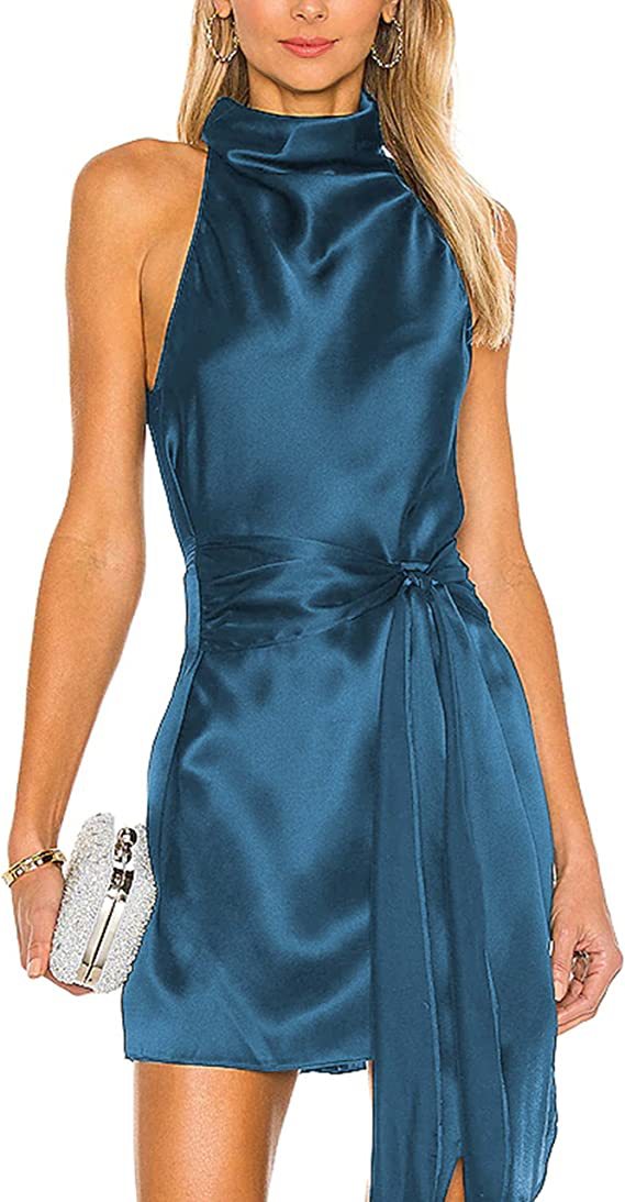 Halter Buckle Bare Back Satin Dress