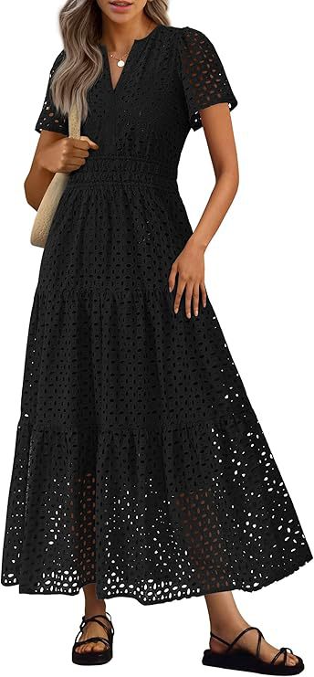 Short-Sleeve V-Neck Hollow-Out Dress