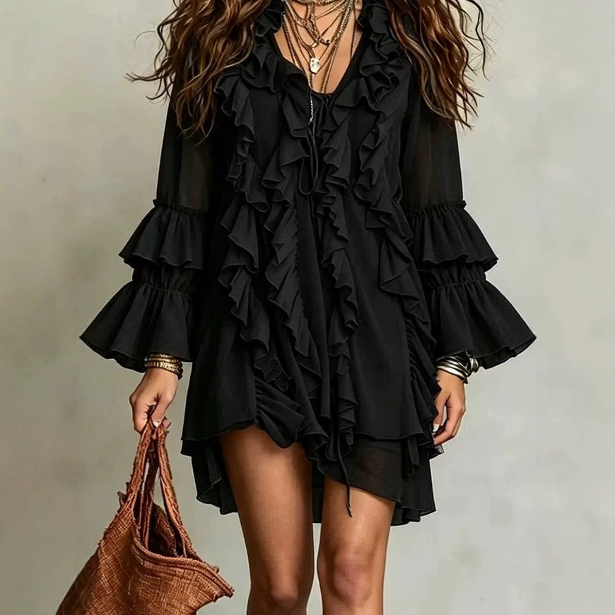 V-neck Ruffled Flared-sleeve Chiffon Dress