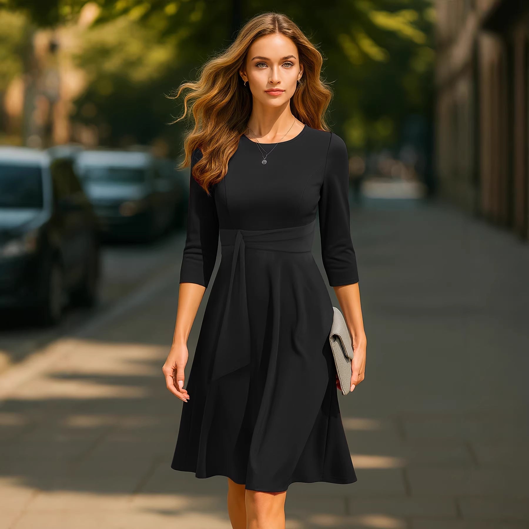 Solid Color Round Neck Three-quarters Sleeved Wine Red A-line Skirt Dress