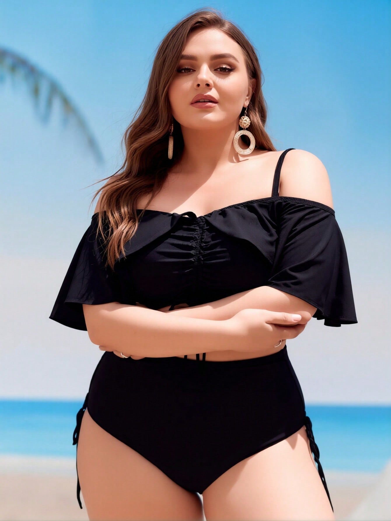Plus Size Black Off Shoulder Bikini High Waist Drawstring Tummy Control Two…