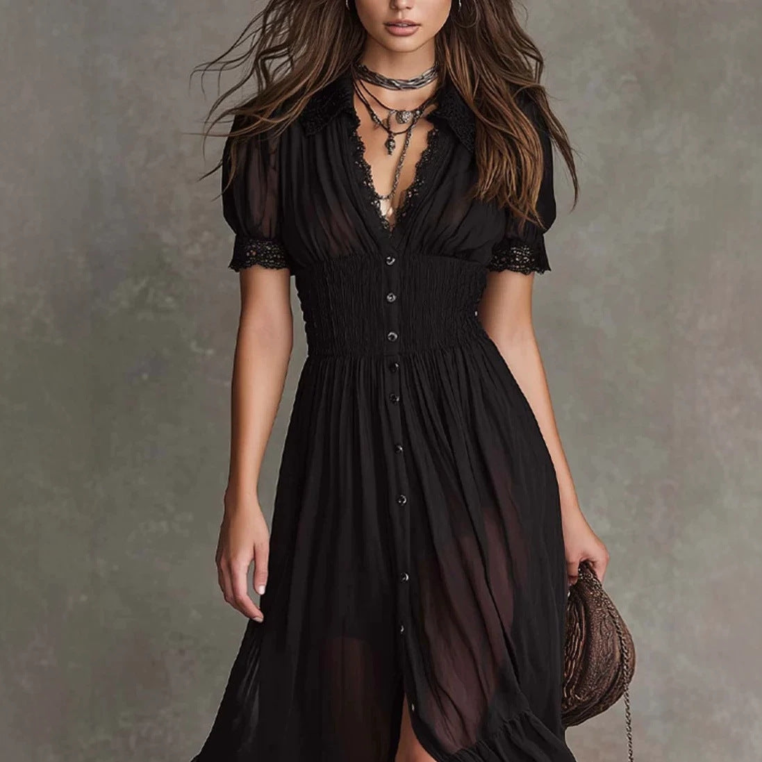 Fitted-waist Ruffled-edge Chic Dark-style V-neck Blouse Dress