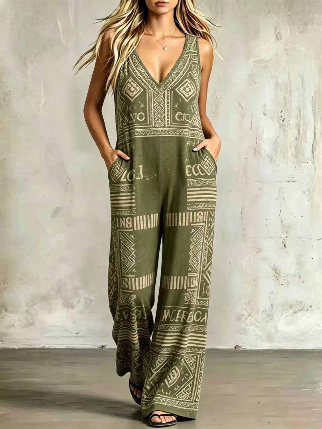 Printed Sleeveless Loose-fit Wide-leg Jumpsuit