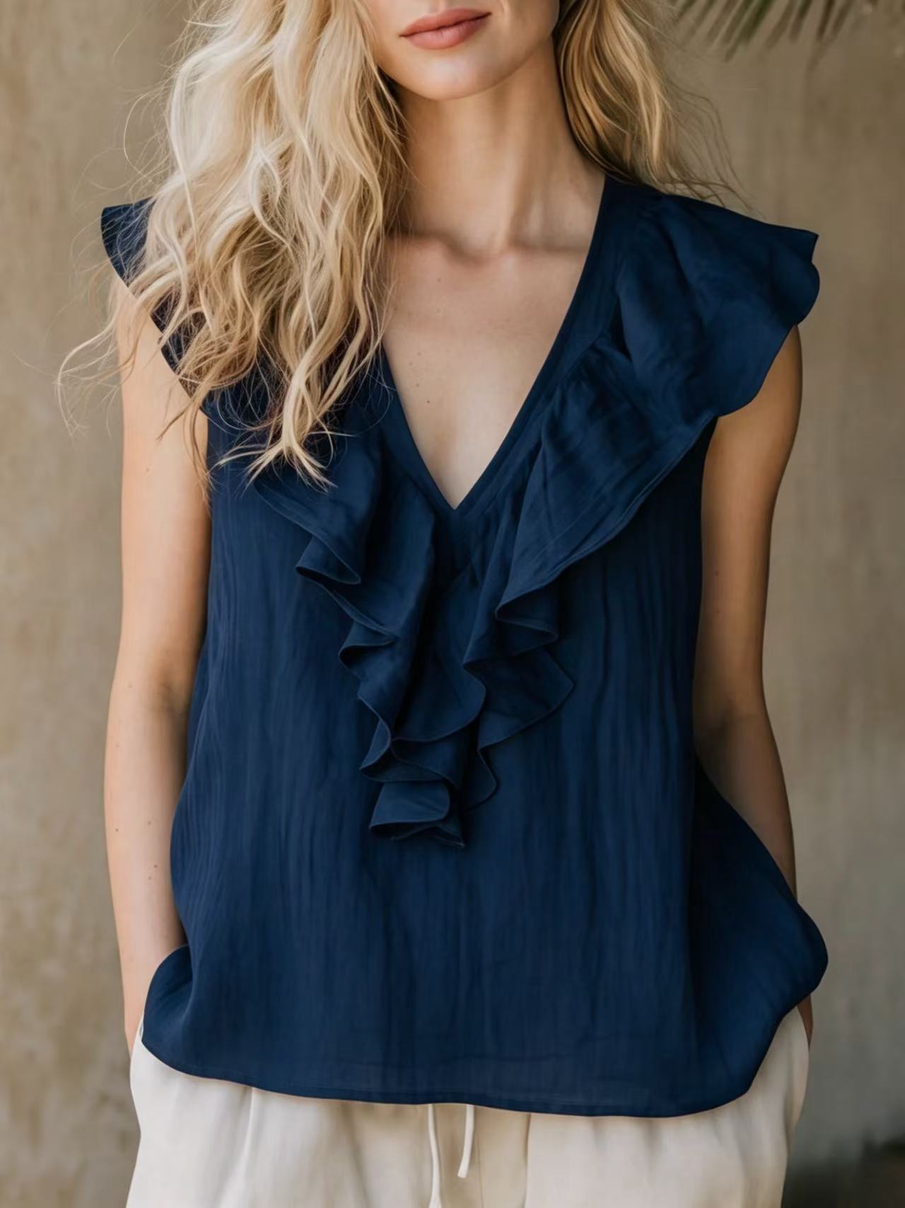 Lace-trimmed V-neck Linen French-style Long-sleeve Top