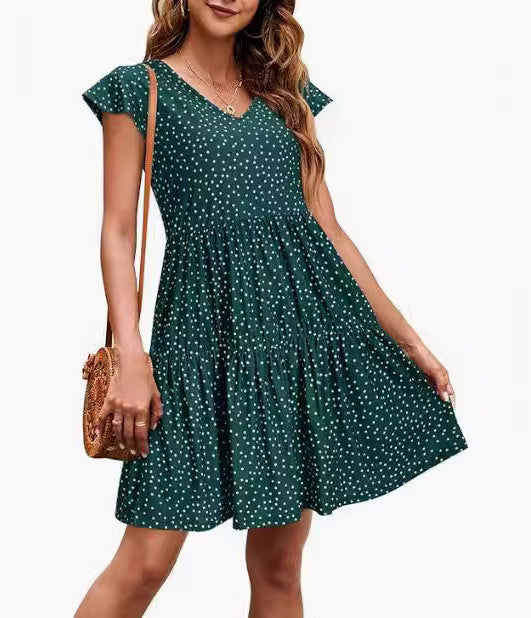 Casual V-Neck Pleated Dress