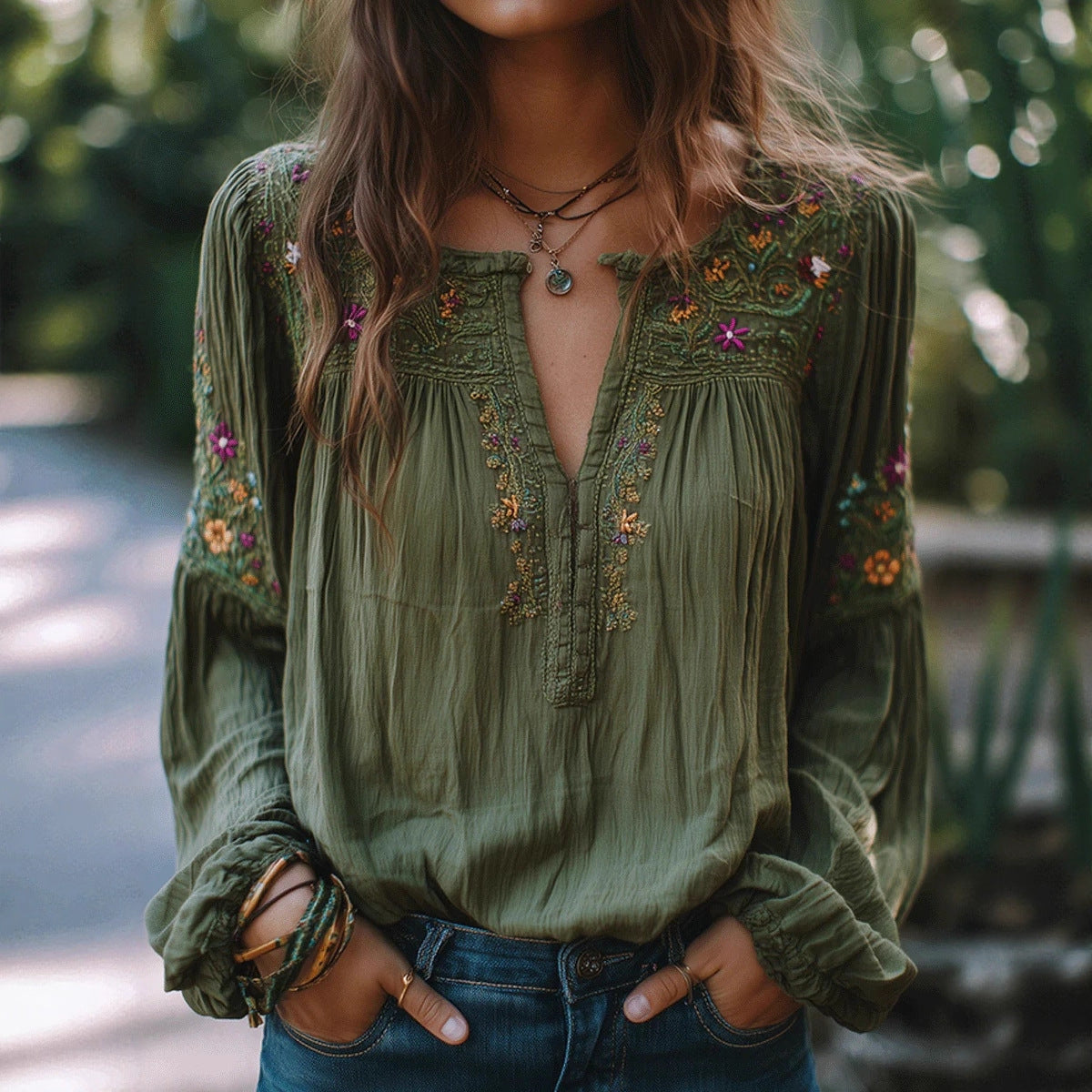 Ethnic-style Embroidered Floral Lantern-sleeve Loose-fitting Top