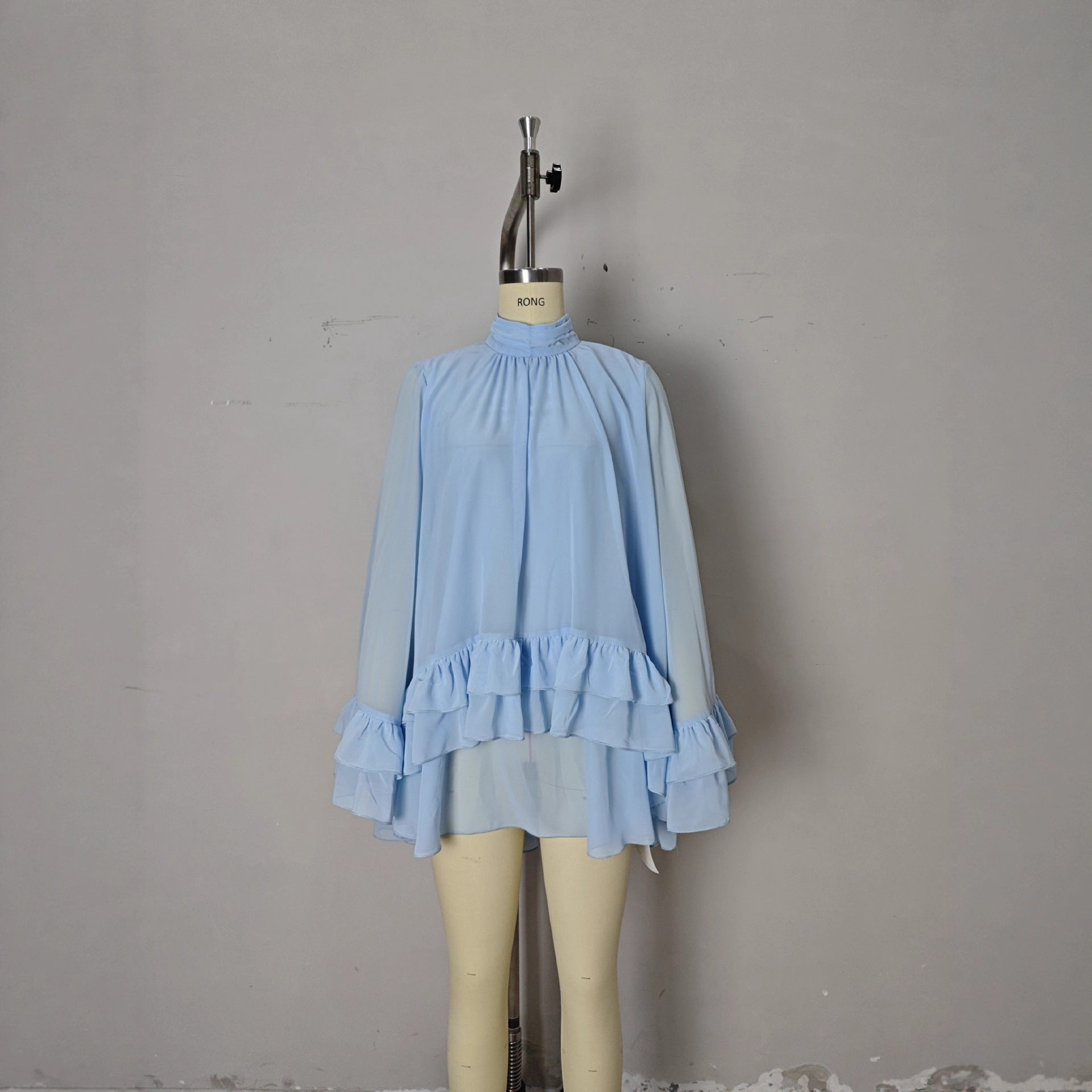 Blue Chiffon Half-Neck Double-Layer Beach Sun-Protective Cape Dress