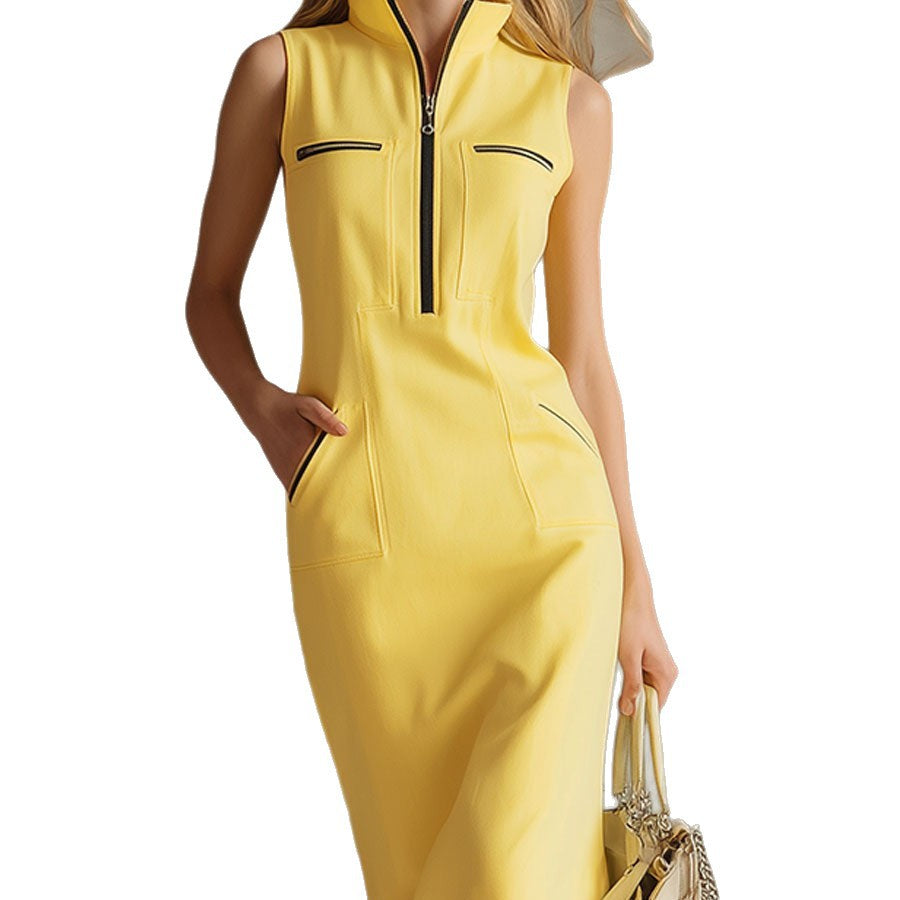 Contrast-color Stand-collar Midi Dress