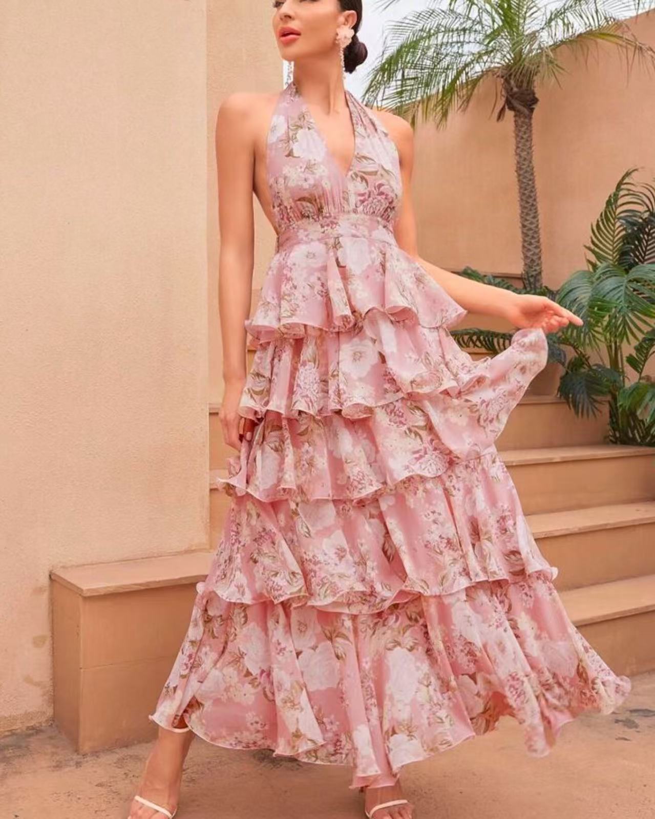 V-neck Strap Multi-layer Printed Dress