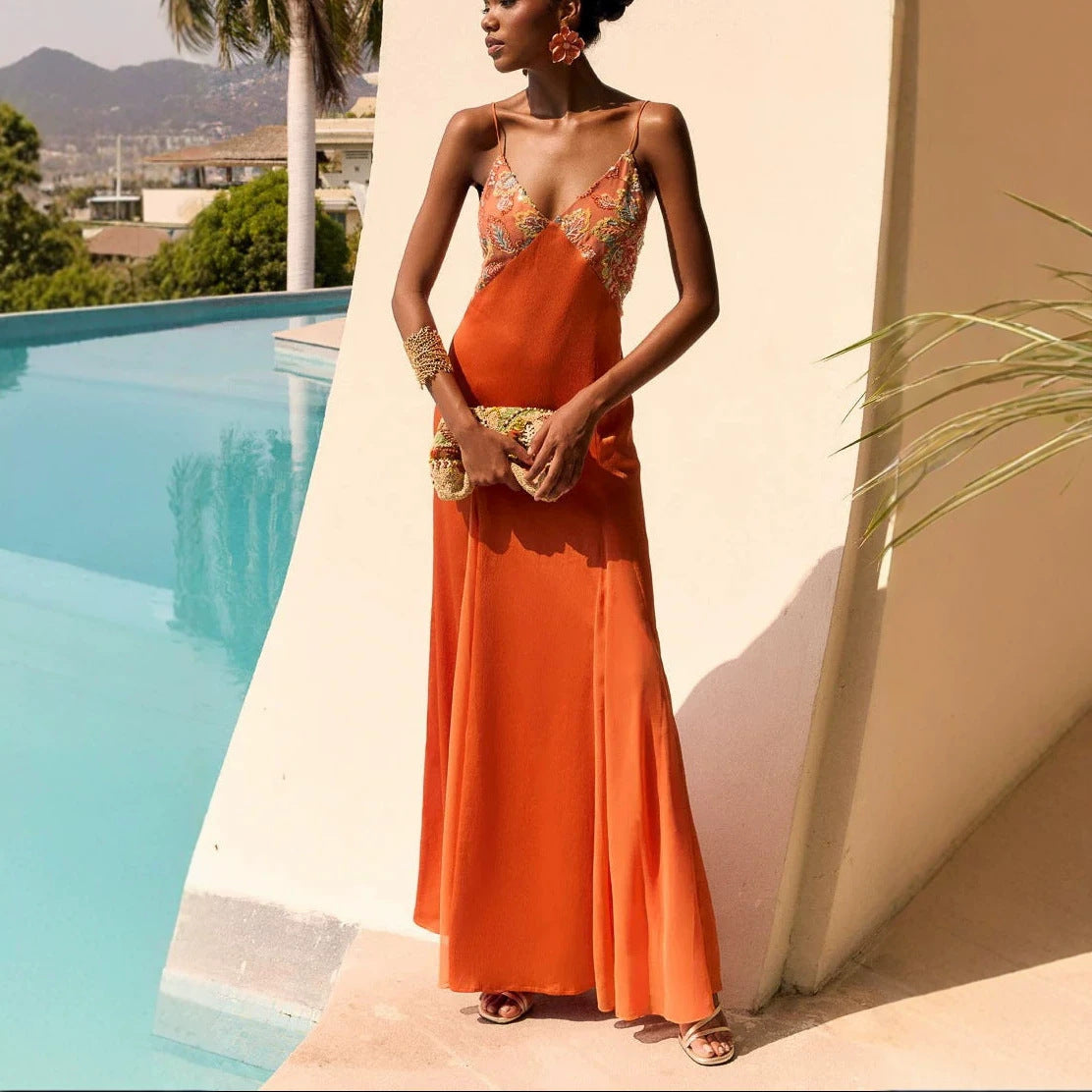 Spring Summer New Spaghetti-strap Satin Dress And Scarf Two-piece Set