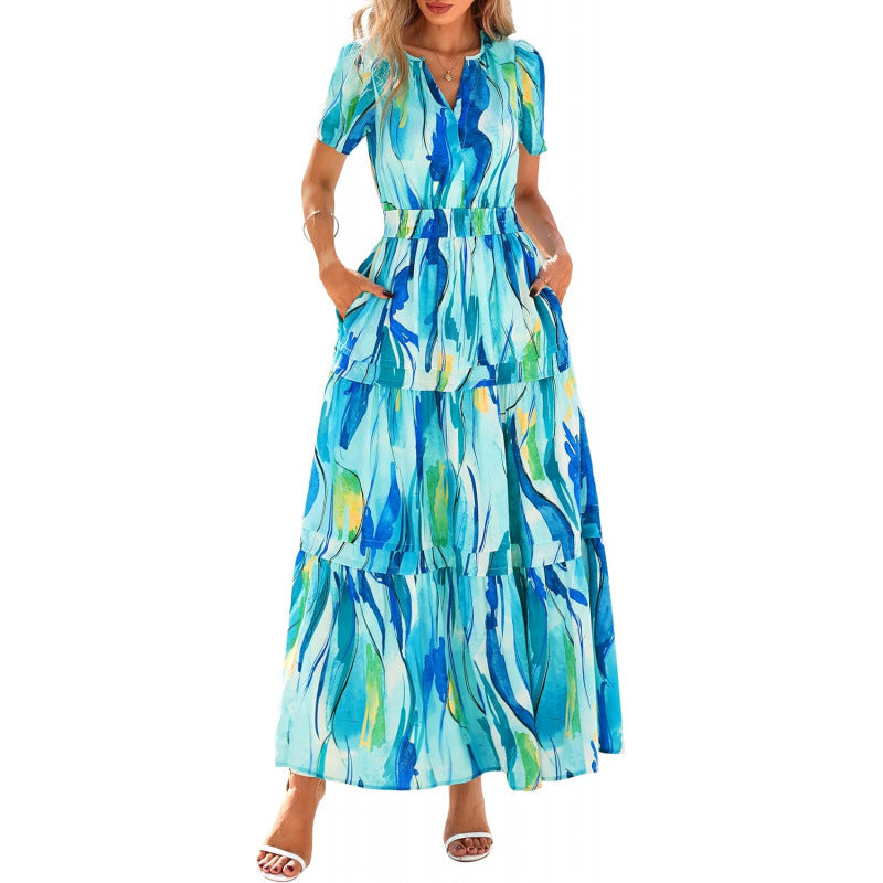 Retro Floral Short-Sleeve V-Neck Dress