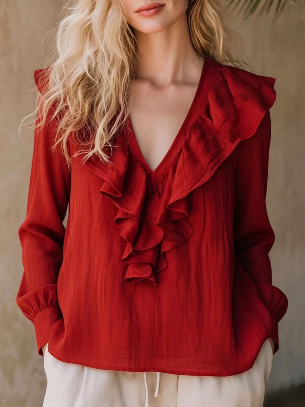 Lace-trimmed V-neck Linen French-style Long-sleeve Top