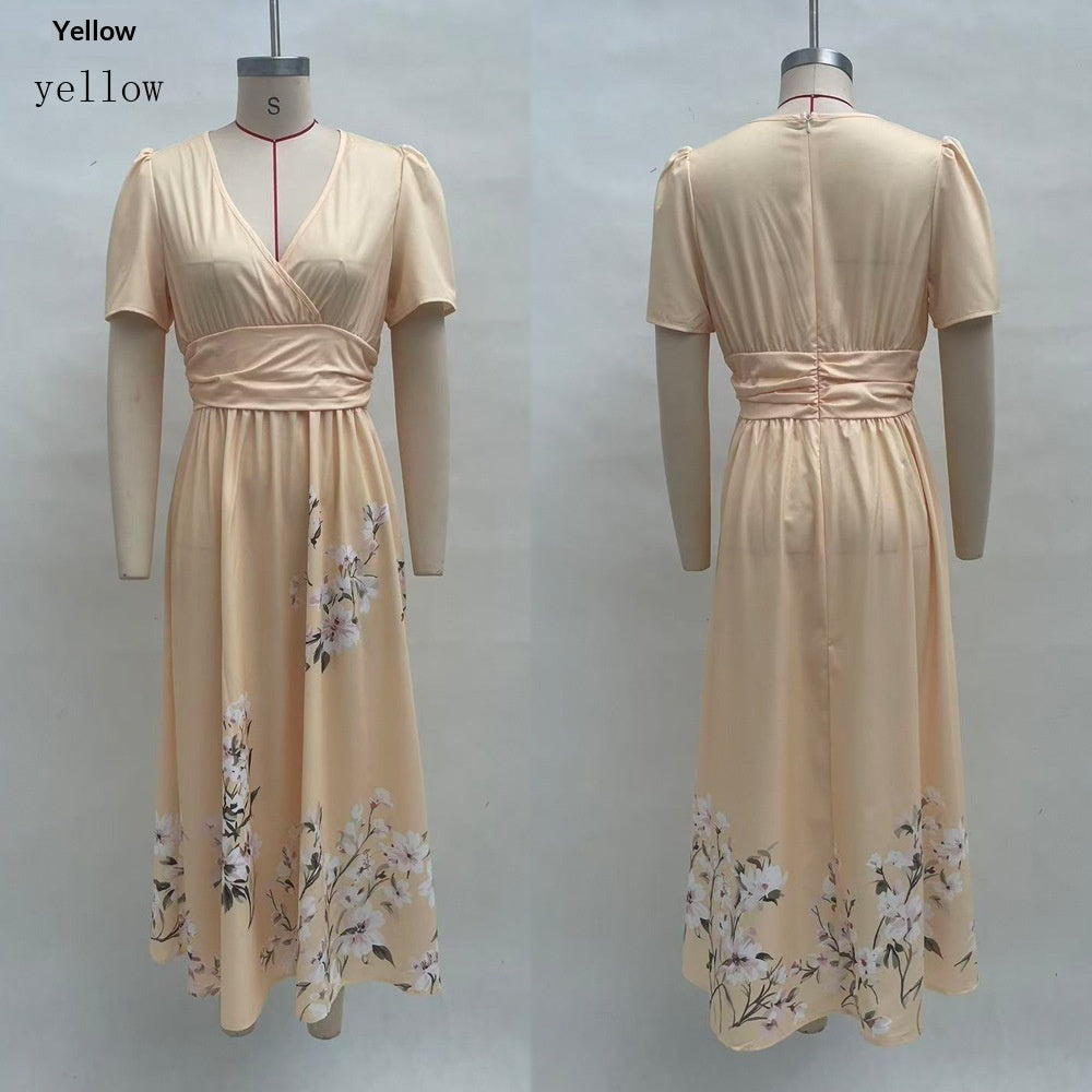 Digital-Print Floral Long-Sleeve V-Neck Pleated Dress
