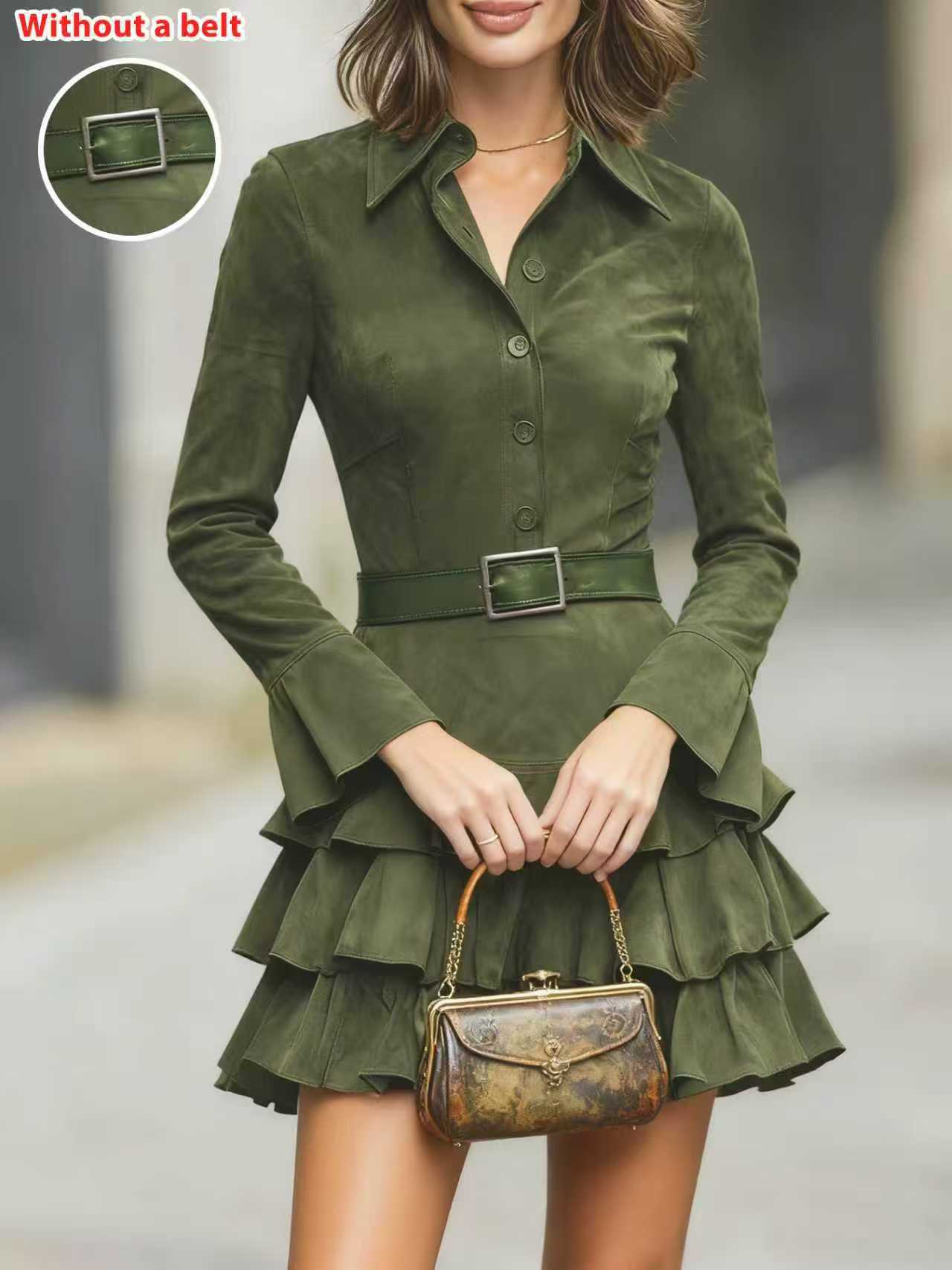 Slim-Fit Solid-Color Suede Ruffled Long-Sleeve Shirt Dress