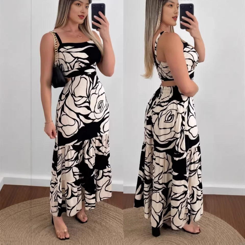 Rose-Print Strap Casual Dress