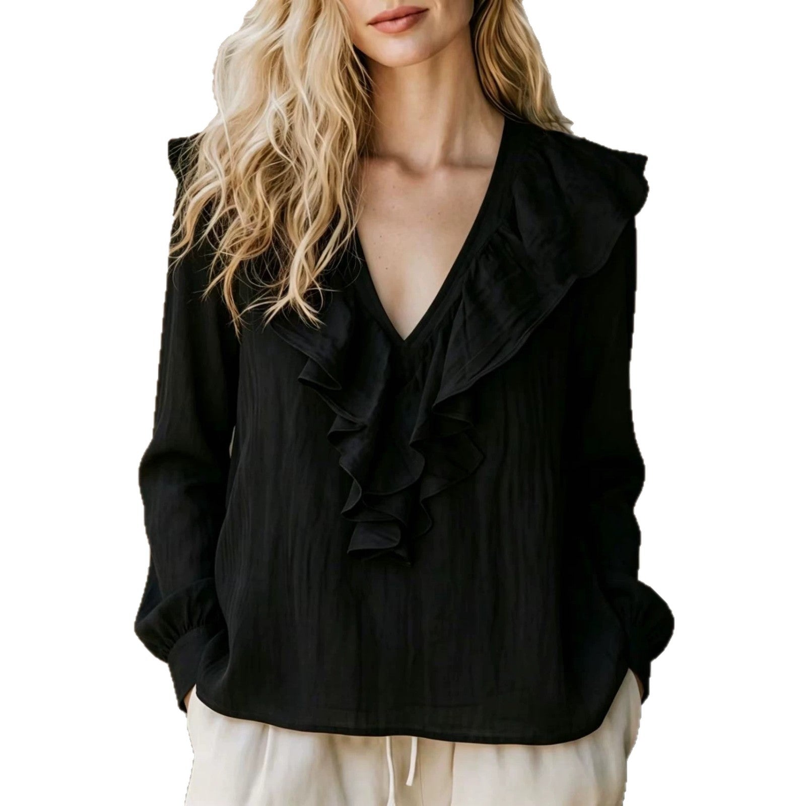 Lace-trimmed V-neck Linen French-style Long-sleeve Top