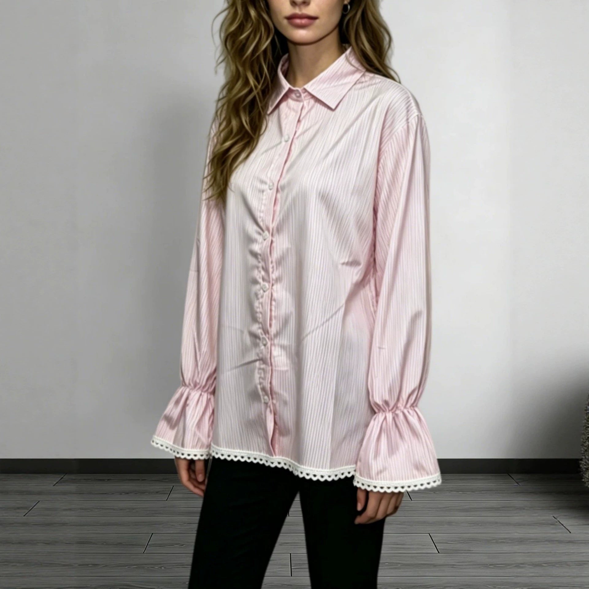 Lace Hollowed-Out Trim Flared-Sleeve Long-Sleeve Shirt
