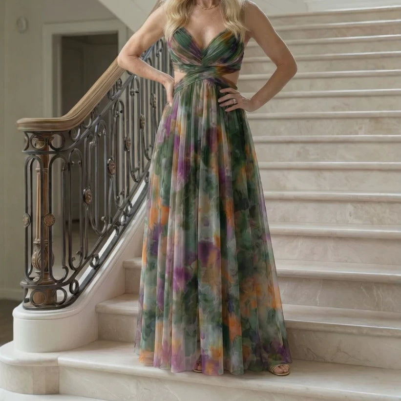 Digital-Print Chiffon Long Dress