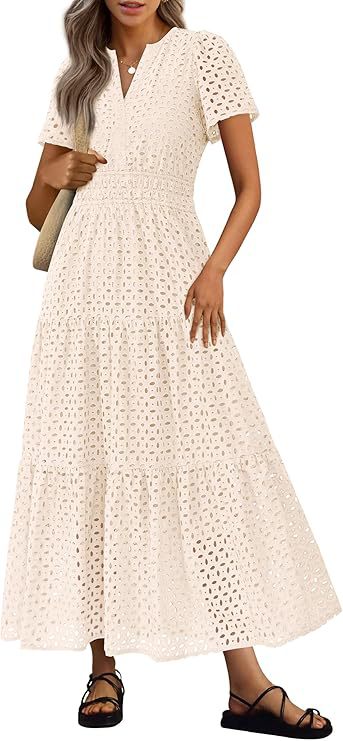 Short-Sleeve V-Neck Hollow-Out Dress