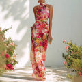 Floral Halter Neck Sleeveless Fitted Chiffon Maxi Dress