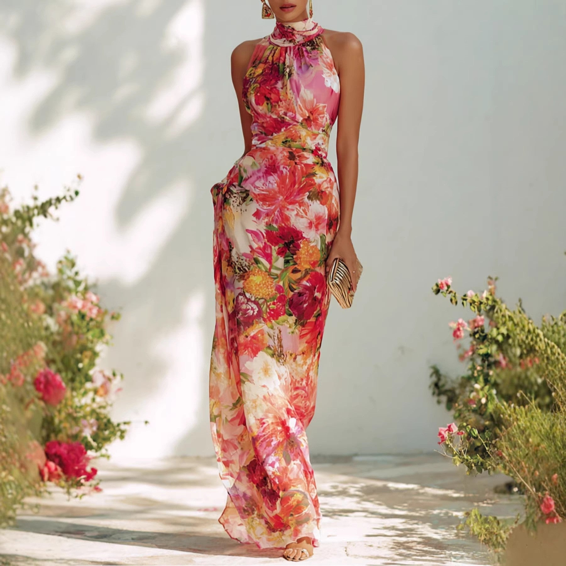 Floral Halter Neck Sleeveless Fitted Chiffon Maxi Dress