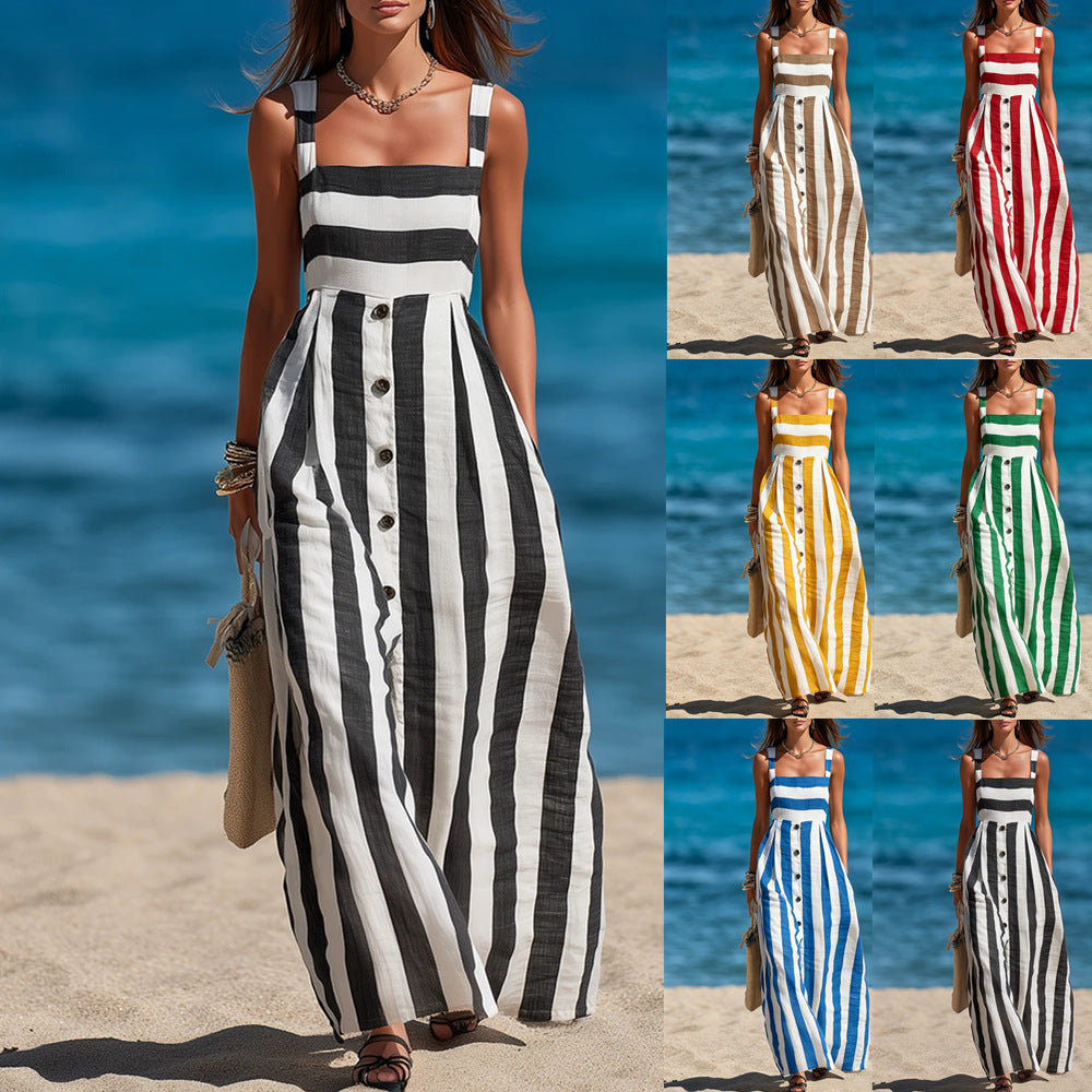 Strap Single-breasted Sleeveless Linen Maxi Dress