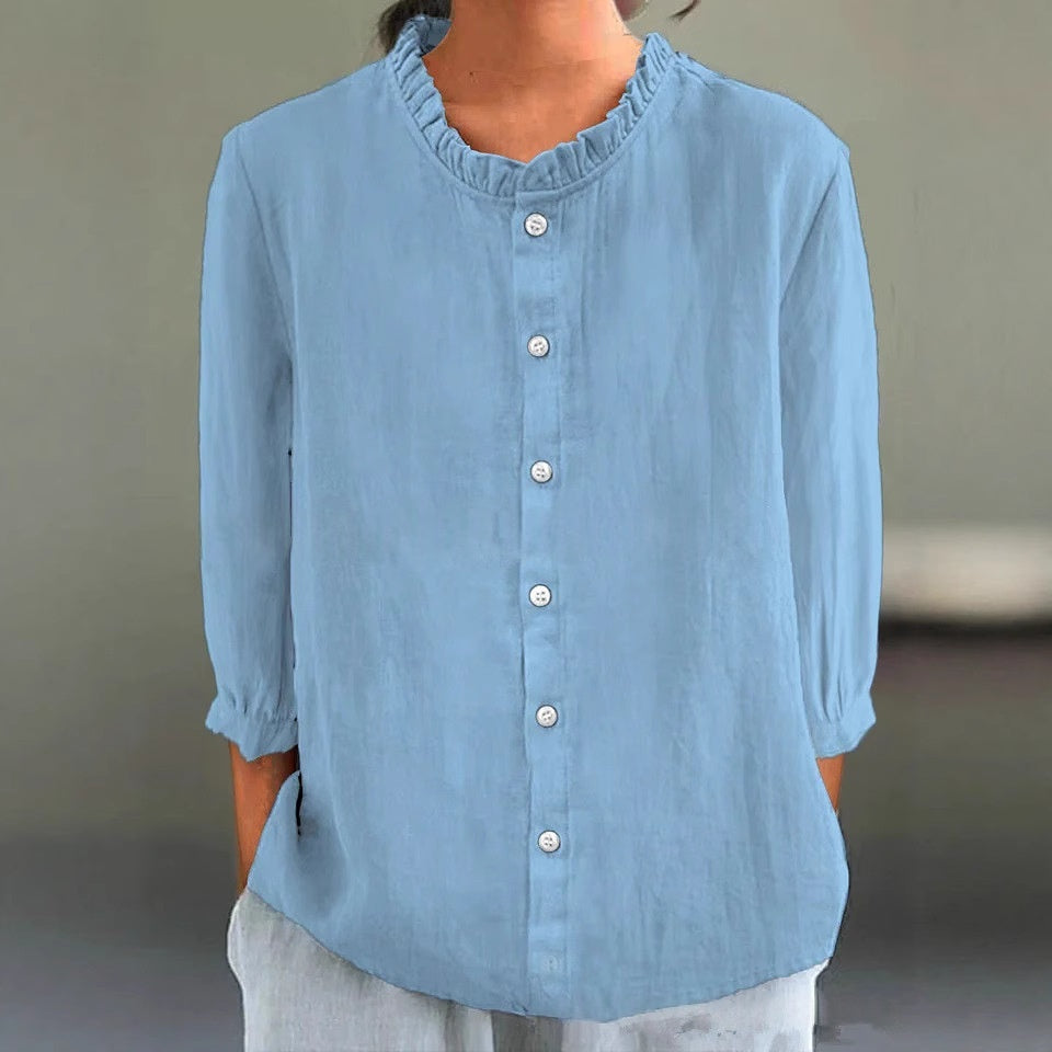 Casual Solid-Color Cotton-Linen Single-Breasted Shirt Set