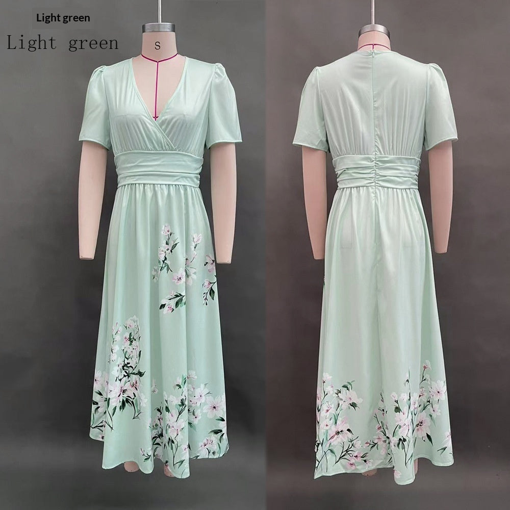 Digital-Print Floral Long-Sleeve V-Neck Pleated Dress