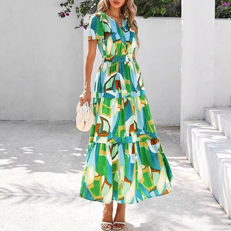 Retro Floral Short-Sleeve V-Neck Dress
