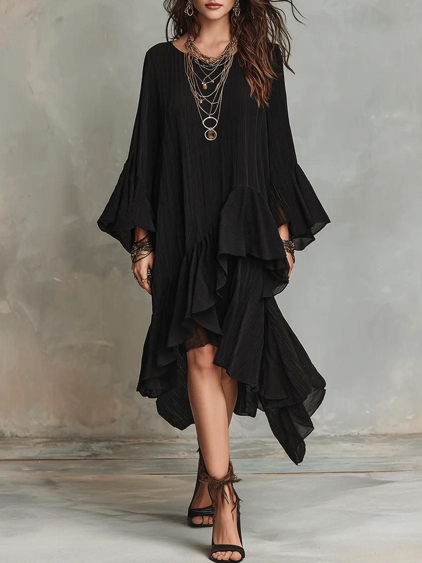 Solid-color Elegant Asymmetrical Ruffled Dress