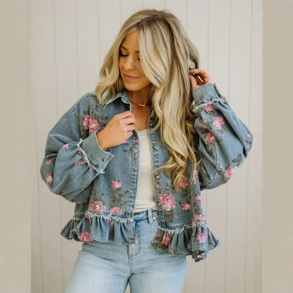 Vintage Washed Denim Jacket Floral Print Loose-Fit Long-Sleeve Shirt