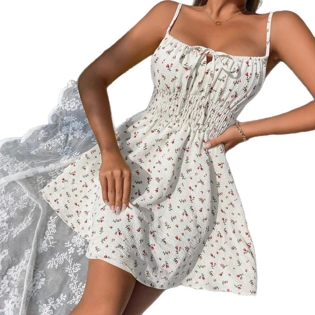 Cinched-waist Strap-style Casual Floral-print Dress