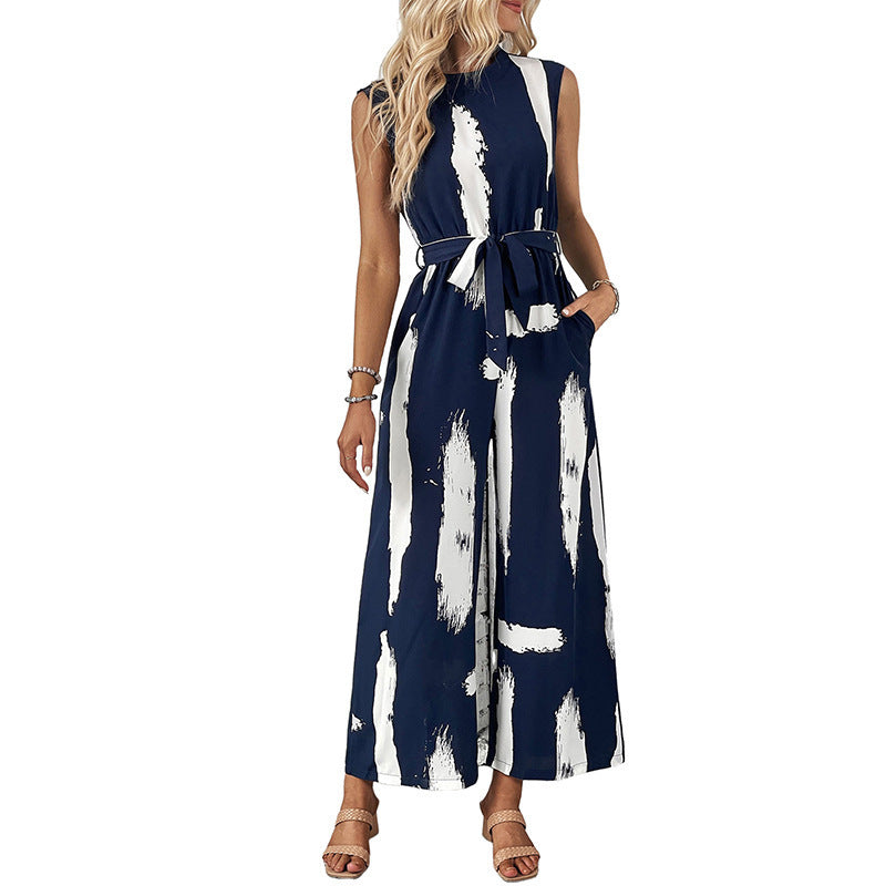 Resort-style Women's Sleeveless Printed Wide-leg Jumpsuit