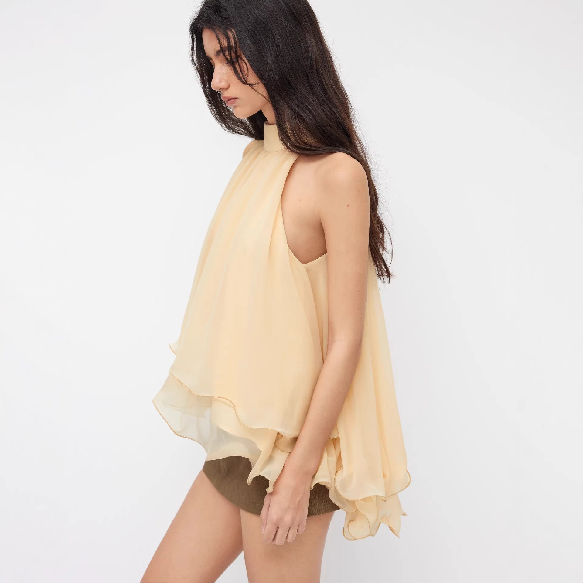 Off-shoulder Halter-neck Loose-fit Chiffon Blouse With Ruffled Hem
