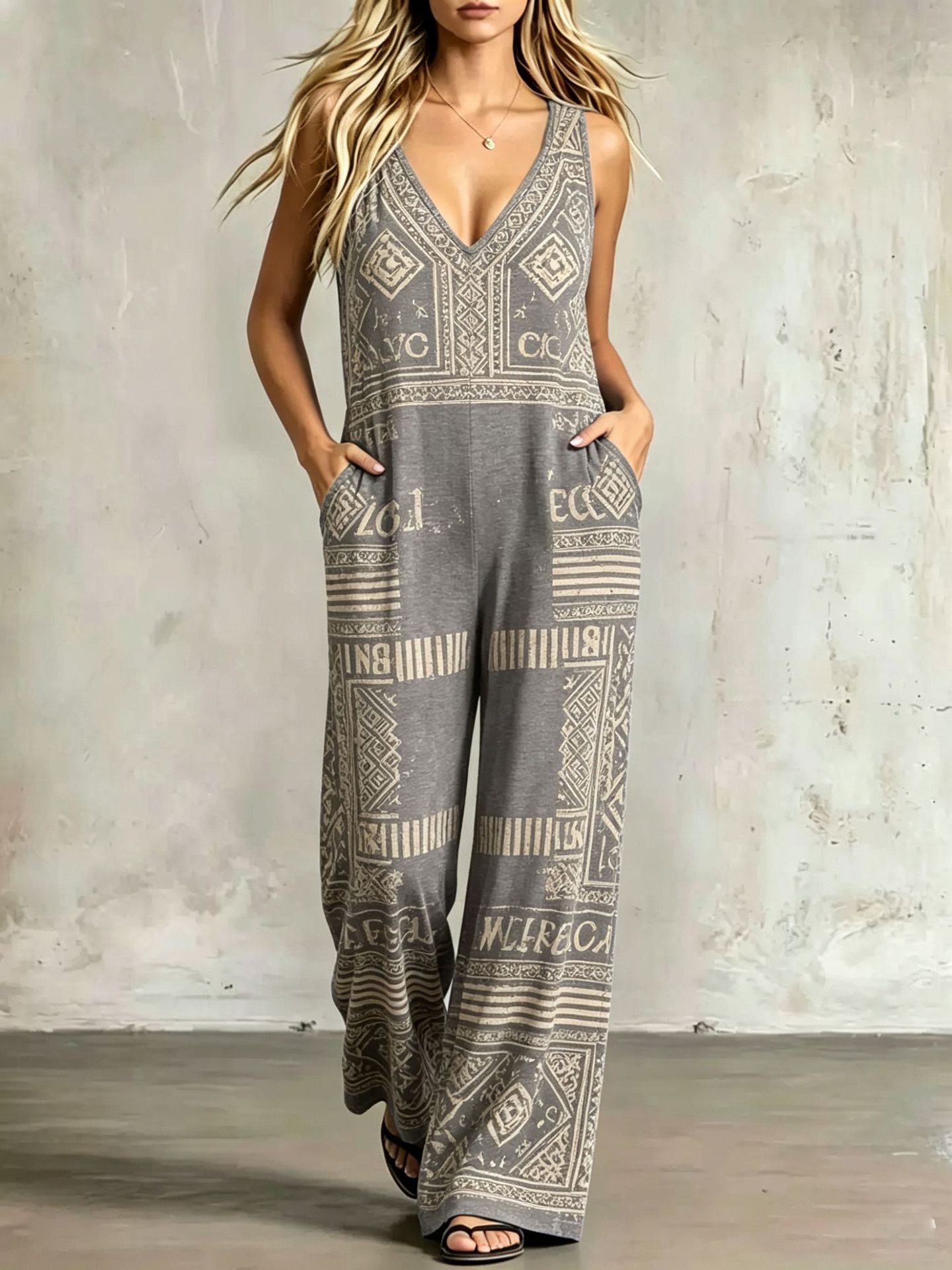 Printed Sleeveless Loose-fit Wide-leg Jumpsuit
