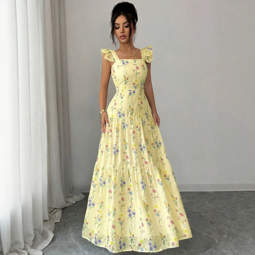 Spaghetti-strap Floral French-style Dress