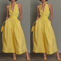 Yellow-striped V-neck Waist-cinched Sleeveless Dress That The