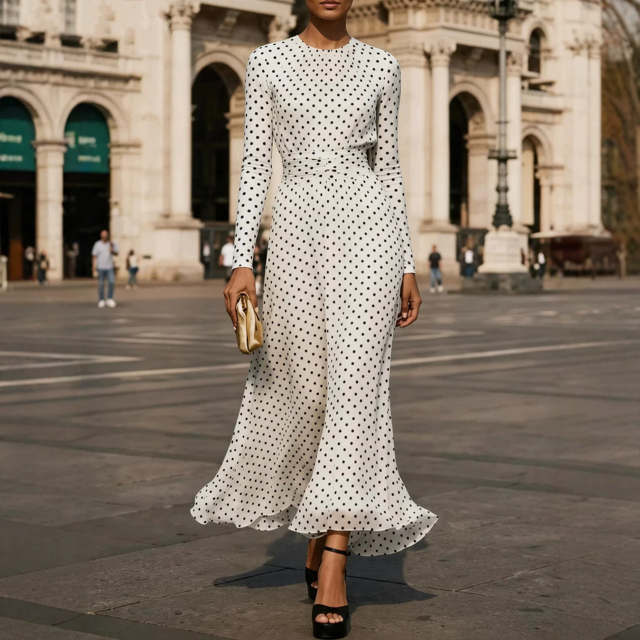 Round-neck Long-sleeve Polka-dot Sheath Dress