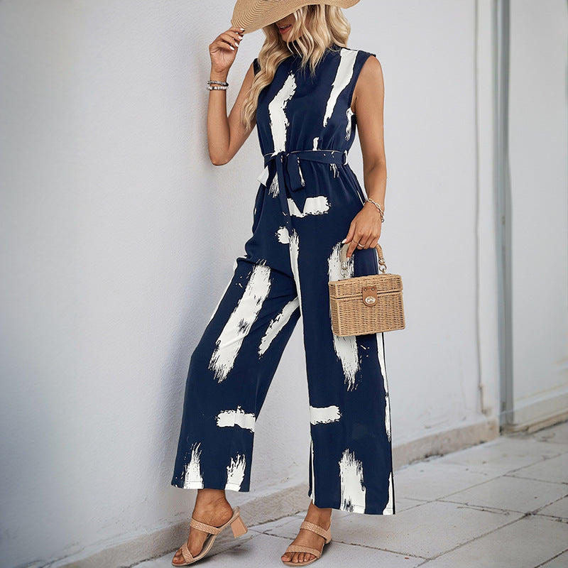 Resort-style Women's Sleeveless Printed Wide-leg Jumpsuit