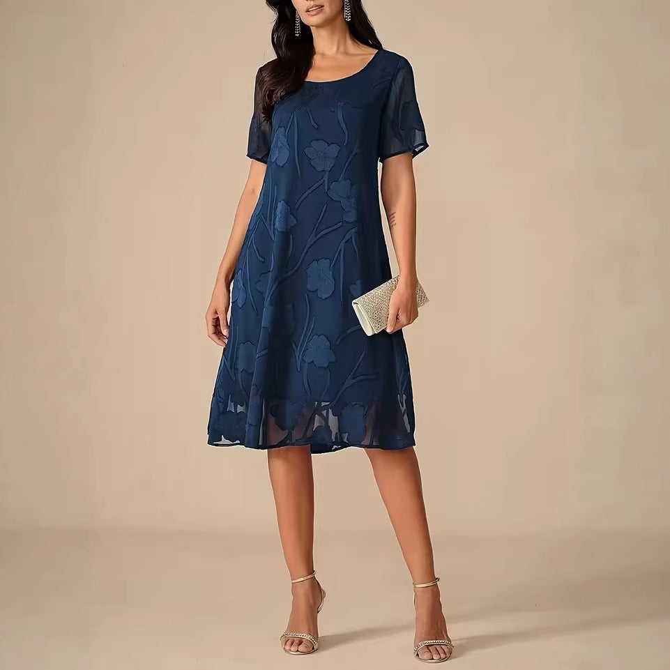 Spring Summer Solid-Color Crew-Neck Short-Sleeve Slim-Fit Dress