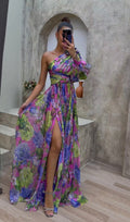 Floral One Shoulder Long-sleeved Dress