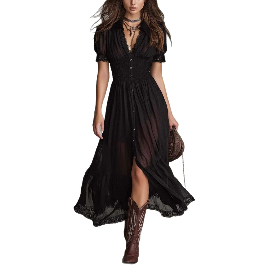 Fitted-waist Ruffled-edge Chic Dark-style V-neck Blouse Dress