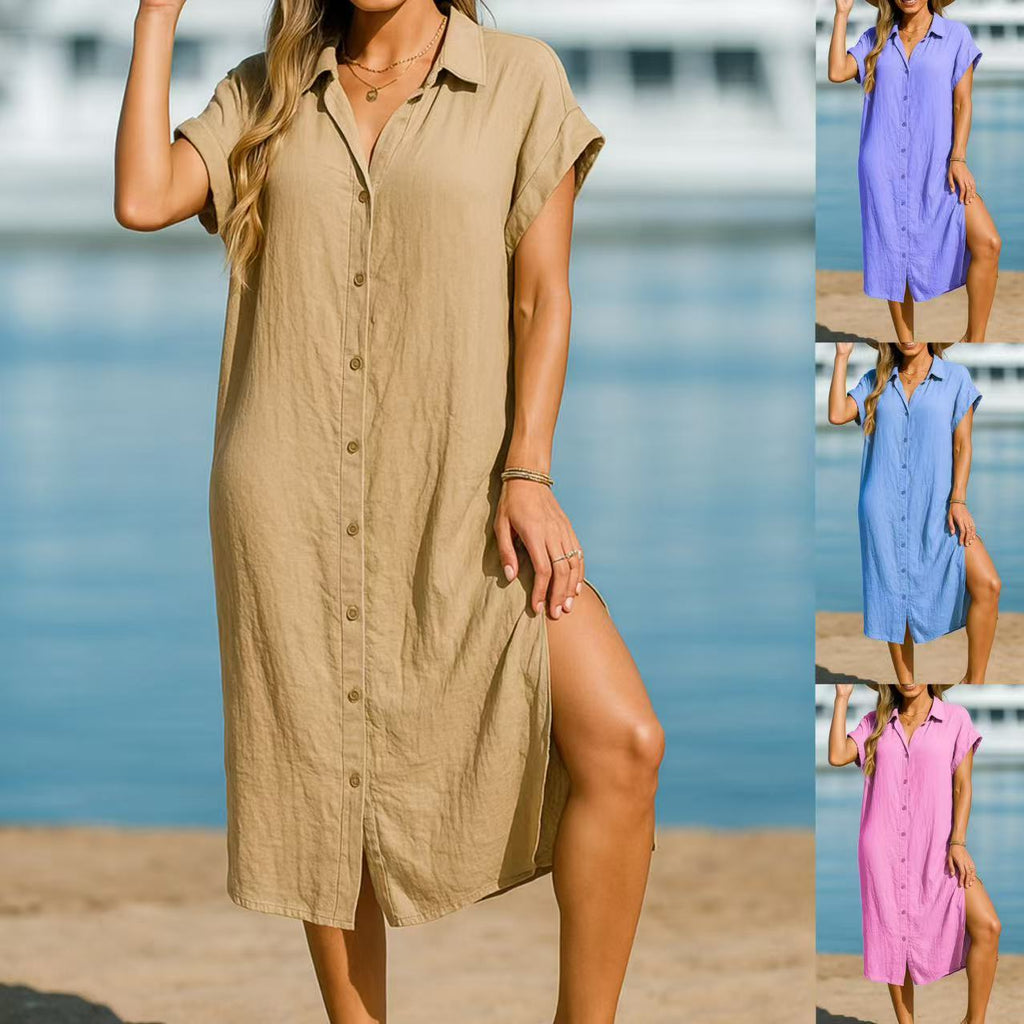 Summer Fashion Solid Color Cotton And Linen Lapel Dress